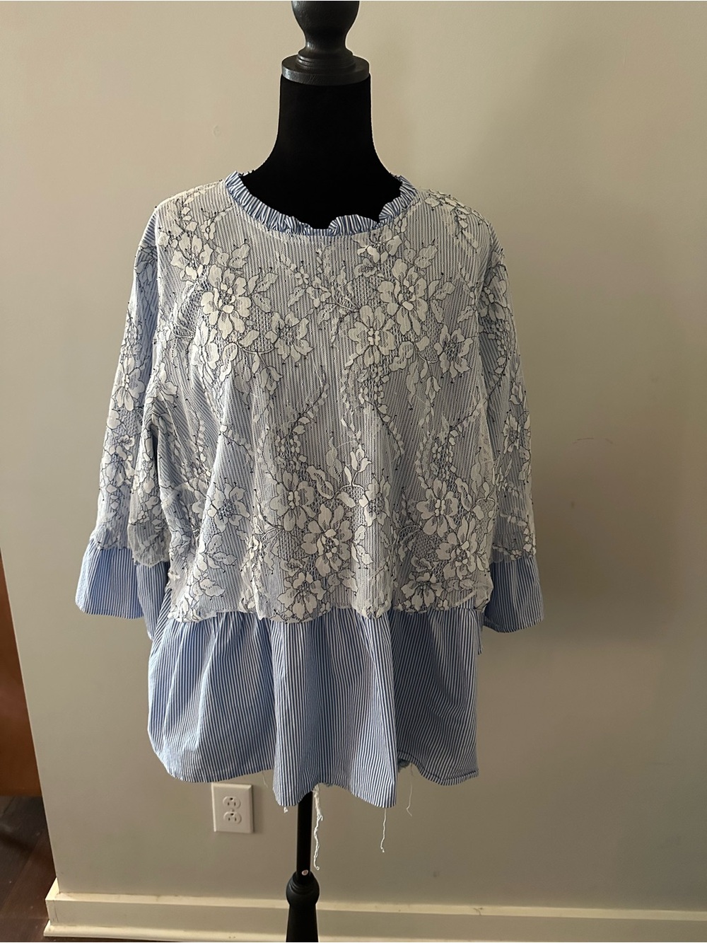 Eloquii Light Blue and White Lace Peplum Tunic
